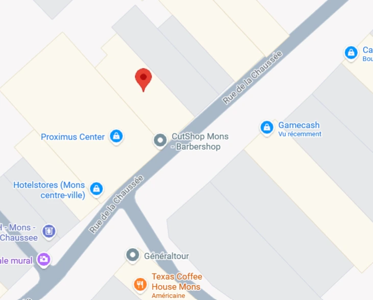Plan : Cutshop au 40 rue de la Chaussée à Mons, entre le Proximus Center et Gamecash